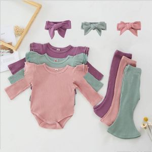 Bébé fille vêtements enfant en bas âge solide barboteuse pantalon évasé bandeau 3 pièces ensembles coton à manches longues filles tenues Boutique bébé vêtements LSK645