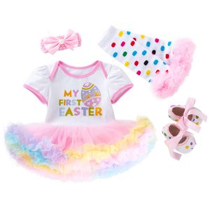 Baby Girl Clother My First Paster Party Cumpleaños de la primavera de verano Vestido Tutu Tutu+Diadema+Zapatos+Calcetín 4p Ropa para niños