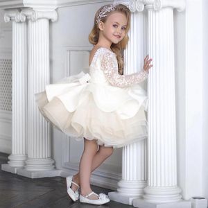 Baby Girl Party Dresses Puff Flower Girl Dress Ivory Long Sleeves Glitter Tulle Ruffles Girls Pageant Gowns for Birthday256z