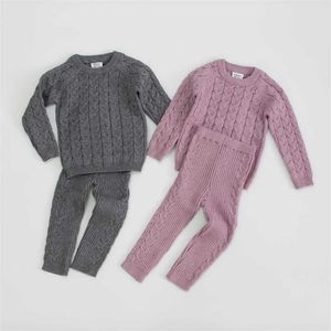 Bébés filles garçons costume en tricot enfant en bas âge vêtements ensembles hiver tricot pull pull + pantalon bébé enfants survêtements rose gris 211104