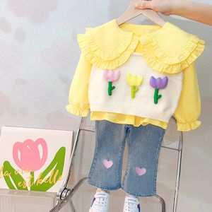 Bébé filles tricoté gilet dentelle chemise jean 3 pièces costume infantile dessin animé vêtements tenues enfants vêtements ensembles vêtements de sport pour enfants