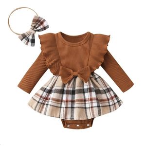 Combinaison bébé uni côtelé tricoté plissé à manches longues ourlet de ski combinaison nouveau-né vêtements bébé vêtements ajustés avec bandeau 240116