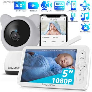 Baby Monitor Camera Monitor WiFi de alta definición 1080P portátil con aplicación Pantalla de visualización de 5 pulgadas panorámica, inclinación, zoom, cámara para bebé, visión nocturna, llamada bidireccional Q240308
