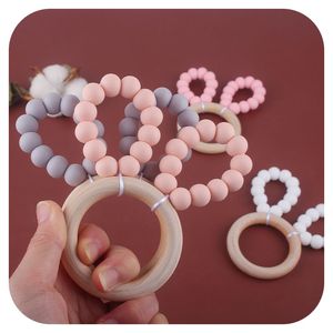 Baby Pacifiers Natural Wooden Accessories Bracelet Silicone Teething Beads Food Grade Soother Newborn Teeth Practice Toys Infant Feeding Cute