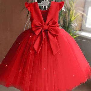 Robes de Noël rouge bébé pour les filles perles dos nu mariage cérémonie d'anniversaire robe de gala mignonne robe de soirée de princesse 240318