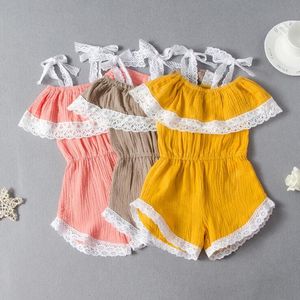 Mamelucos de bebé Niñas Monos con tirantes de encaje Verano Hoja de loto Collar Algodón Lino Onesies Trajes Niños Monos con hombros descubiertos PY617