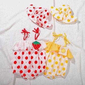 Bébé barboteuses fraise poché oeuf imprimer sans manches combinaison chapeau né enfants vêtements corps costume été infantile filles tenues 210429