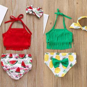 Maillot de bain pour bébé deux pièces avec pampilles à col suspendu, maillot de bain pour enfants, imprimé pastèque et ananas, ensemble de 3 pièces avec bandeau