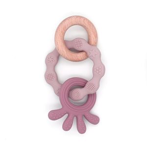 Baby Teethers Soothers Silicone Bracelet BPA Free Cute Animal Silicone Pendant Wood Ring Teething Rattle Accessories Toys 195 E3
