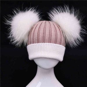 Bebé Invierno Real Fur Ball Beanie Hat Warm Cute Fashion Fluffy Real White Large Raccoon Fur Pom Poms Kids Knitted Hats J220722