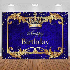Material de fondo Fondo de fiesta de cumpleaños personalizado para niños Royal Blue Gold Crown party Little Prince Happy Birthday party banner decoración x0724