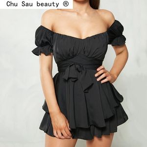 Backless Ruffles Sexy Dress Mujeres manga corta Puff Lace up Mini Club Wear Black Ruched Party Vestidos 210514