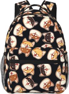 Sac à dos mignon shiba inu chien sur fond noir sac à dos d'ordinateur portable léger pour femmes hommes de livre collégial sac de lecture décontractée sac de voyage