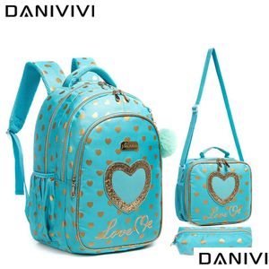 Sacs à dos 3 pièces filles école sac à dos mignon amour Kawaii sac pour enfants enfants Lage Vuelta Al Cole déjeuner trousse à crayons 230613 livraison directe Dhfcz