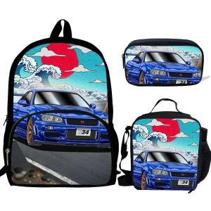 Mochilas 3pcs mochila street car carreras gtr mochilada impresa para niños bolsas escolares para niños paquete de bolsas escolares para niños