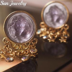 Boucles D'oreilles Dos Ange Dormant Vintage Violet Relief Gland Incrusté À La Main Strass Cuivre Plaqué Or Clip D'oreille Femmes Sans Piercing