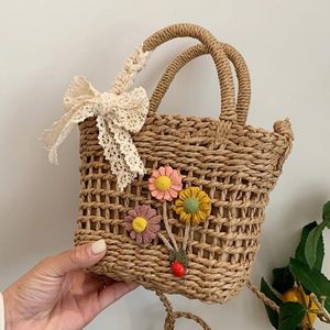 Bolso tejido a mano para playa con lazo de encaje, tejido de mimbre, pequeño bolso de mano para mujer, bolsos de hombro de tejido Retro de verano