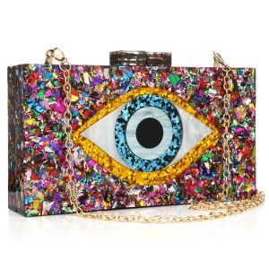 Sacs sacs d'embrayage en acrylique pour femmes Sac de soirée Eyes Multicolor Perspex Box Glitter paillettes à main sacs à main