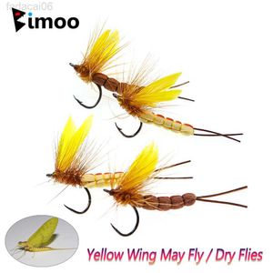 Cebos Señuelos Bimoo 6PCS # 8 # 10 Yellow Drake Feather Wing Mayfly Barbed and Barbless Dry Fly Rocky River Bass Trucha Pesca Moscas Cebo Señuelo HKD230710