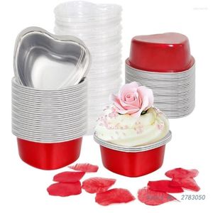 Moules de cuisson 50 pièces/ensemble moule à gâteau en papier d'aluminium tasse à Cupcake en forme de coeur avec couvercles moules à flan pour la fête des mères anniversaire de mariage