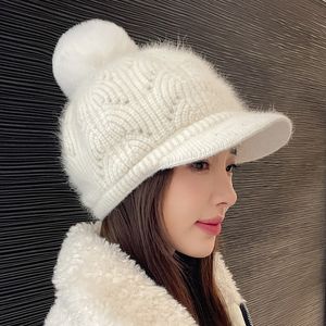 Gorras de béisbol COKK Sombreros de invierno para mujer Gorro de béisbol de piel de conejo de terciopelo de punto Protección para los oídos con pompón Keep Warm Beanie Bone Casquette 230211