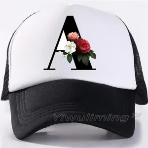 Casquettes de baseball Fleur Lettre Police A Maille Baseball Femmes Hommes Réglable Snapback Chapeaux Pour Hip Hop Casquette De Camionneur Streetwear Papa Chapeau