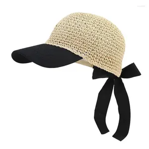 Gorras de bola Señoras Temperamento versátil Japonés Crochet Sombrero de paja Contraste Pajarita Cap Verano Ajustable Sol Béisbol