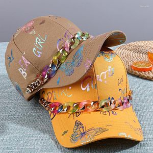 Gorras de béisbol para mujer, moda de primavera y otoño, letras de colores, cadena con estampado de mariposa, gorra de béisbol para hombre, gorra de hip-hop ajustable informal para hombre