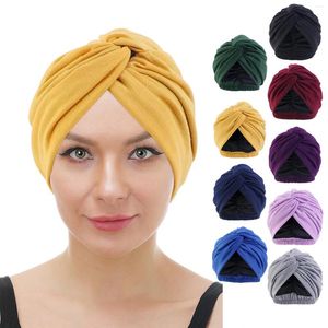 Casquettes de balle Femmes Turban Coton Top Noeud Fleur Décor Headwrap Musulman Dames Couverture De Cheveux Bonnet Tête Porter Solide Twisted Inde Chapeau Accessoires