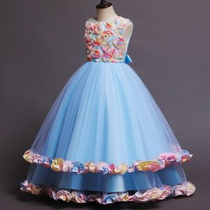 Robe de bal robes de fleurs pour les mariages couches fleurs faites à la main fille fille en dentelle fille robe de mariée Tulle Puffy Kids Party Prom Robes 403