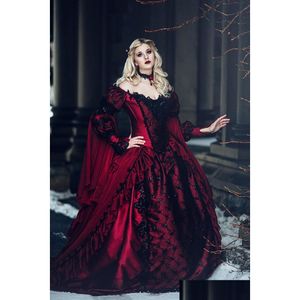 Vestido de fiesta Vestidos de novia Gótico Rojo y Negro Medieval Renacimiento Fantasía Mangas largas Vampiros victorianos Celta Vestido especial OCN DHBSW