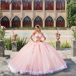 Robe De bal rose Quinceanera, épaules dénudées, dentelle perlée, avec des Appliques et des strass, douce 16, 2023