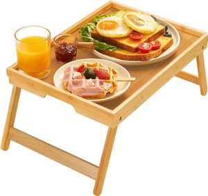 Mesa tipo bandeja para cama de bambú con patas plegables, bandeja de desayuno para sofá, cama, comer, trabajar, utilizada como bandeja para refrigerios de escritorio para computadora portátil