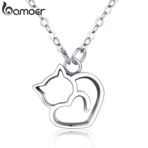 Bamoer 100% Plata de Ley 925 minimalista encantador gato colgante collar lindo Animal cuello cadena para mujeres regalo de cumpleaños SCN188