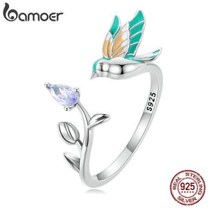 Bamoer Fashion 925 Sterling Silver Kingfisher Open Ring pour les femmes Eternity Band Lively Bird Ring Gift Fine Jewelry Party BSR286