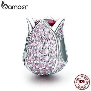 BAMOER Romantique 925 Argent Sterling Tulipe Fleur Pétales Rose CZ Perles fit Femmes Bracelet Colliers DIY Fabrication de Bijoux SCC569 Q0531