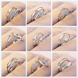 Anillos de la banda 1 set vende amantes ajustables anillos de compromiso de circón para mujeres anillos de boda de color plateado