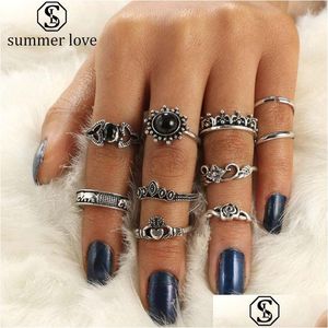 Anelli a fascia 10 Pz / set Vintage Corona Fiore Cuore Elefante Forma Knuckle Ring Set Elegante Grande Cavità Per Gioielli Moda Donna Goccia Del Dhbc2