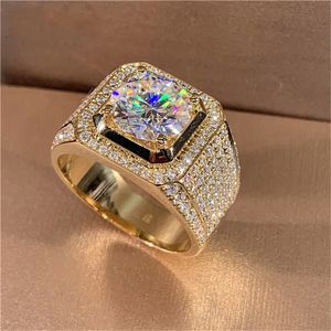 Anillos de banda 14K Gold Solitaire Male 2CT Lab Zircon Ring Silver Color Joyería Compromiso Banda de boda para hombres Regalo 230504