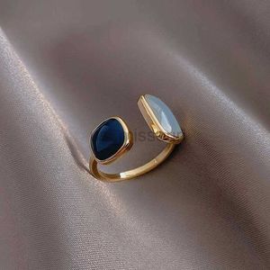 Anillos de banda 2021 francés nuevo Retro cuadrado azul anillo de goteo de aceite temperamento de moda anillo de apertura Simple joyería de mujer J230531