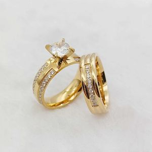 Anillos de banda 24k Goldia de acero de acero inoxidable de 24k Cz Cz Diamond Wedding Ring Juego adecuado para mujeres y participación de mujeres Regalos J240410