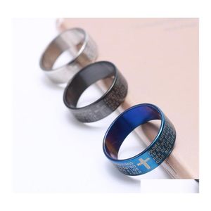 Anillos de banda 316L Acero inoxidable para hombre Cruz Azul Negro Sier Escritura religiosa Letras Titanio Anillo rosado para mujeres Pareja Drop D Otfew