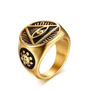 Anillos de banda de acero inoxidable 316L para hombre Illuminati The Allseeingeye Pyramid Eye Of Providence Símbolo Anillo religioso para joyería de Hip Hop Dhde7