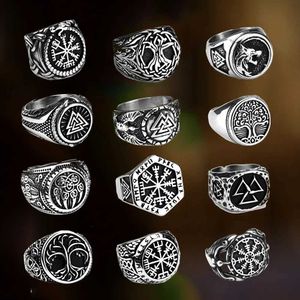 Anneaux de bande 316L acier inoxydable nordique Viking anneau Valknut boussole arbre de vie loup Vintage hommes anneau amulette bijoux pour petit ami comme cadeau 240125