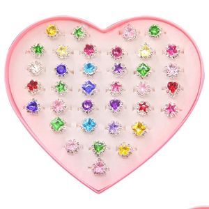 Anneaux de bande 36pcs Colorf strass Gem anneaux dans la boîte réglable petite fille bijou enfants enfants cadeau Pre316T livraison directe bijoux anneau Dhjkx