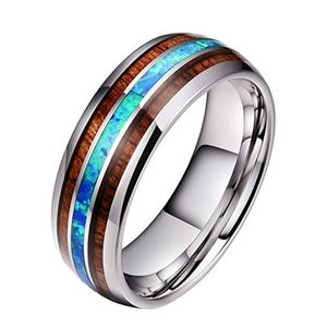 Bagues de bande 8 mm de large en bois et en acier inoxydable opale bleue pour hommes femmes ne se fanent jamais en bois titane bague de mode bijoux cadeau goutte DH3DS