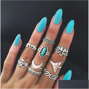 Anillos de banda 9 piezas Conjunto de dama personalizada Anillo Retro Tótem Elefante Turquesa Loto Cola de pez Patrón de articulación Fiesta informal Joyería Dhpk2