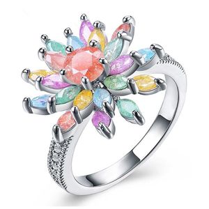 Anillos de banda Joyas de flores coloridas UE EE. UU. Moda Anillo de plata Zircon Micro Inlay Mujeres Venta al por mayor Personalizar