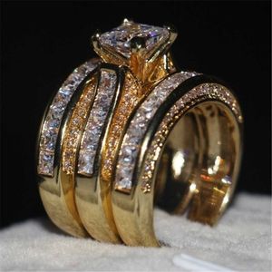 Anillos de banda Mujer linda Gran conjunto de anillos de circón Cristal Color plata Oro amarillo Anillo nupcial Joyería de boda Promesa Anillos de compromiso para mujeres G230213