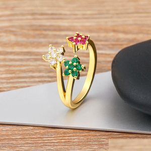 Bagues de bande Mignon Femelle Cristal Ouvert Bague Réglable Charme 14K Or Jaune Femmes Dainty Mariée Fleur Zircon Bijoux De Fiançailles Fête Gi Otibc